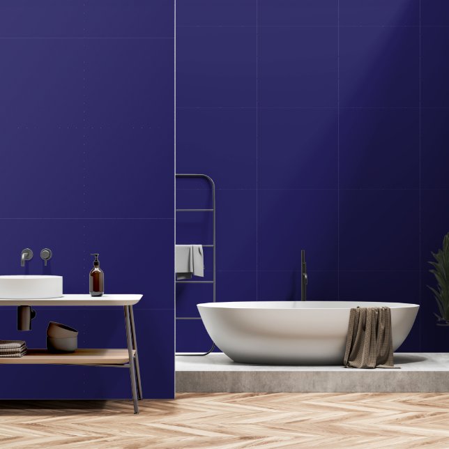 A deep blue backdrop accented by a white border, o wallpaper (Bathroom)