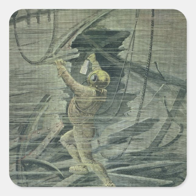 A Deep Sea Diver Looking at the Wrecks Square Sticker (Front)