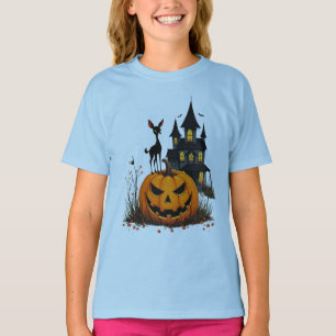 A Deer on a Halloween Pumpkin and a Haunted House T-Shirt