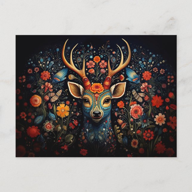 a deer surrounded by flowers in dark colors postcard (Front)