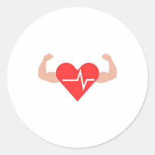 A design of a heart with 2 arms flexing classic round sticker