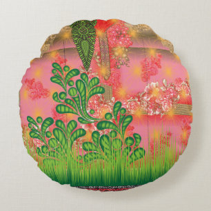 a design of a mirror and some plants round cushion