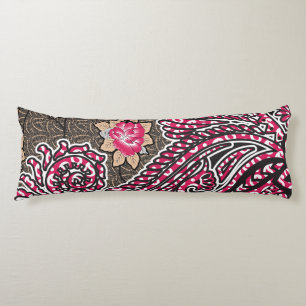 a design of a pink and brown paisley pattern body cushion