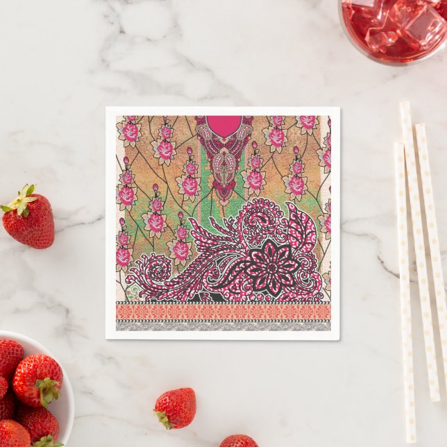 a design of a pink and brown paisley pattern napkin (Insitu)