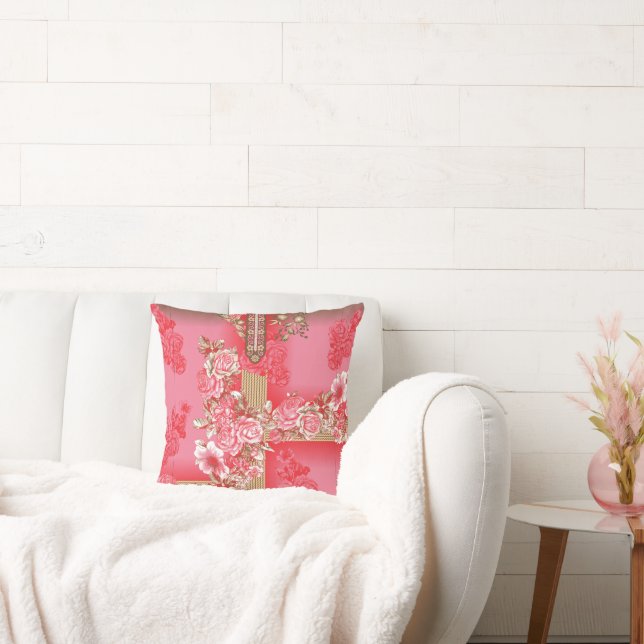 a design of a pink and gold background with a red  cushion (Couch)