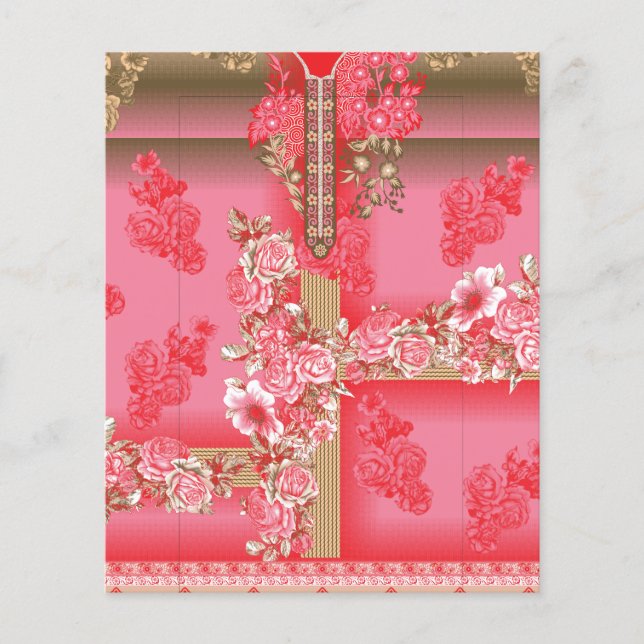 a design of a pink and gold background with a red  flyer (Front)