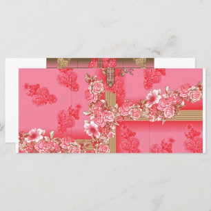 a design of a pink and gold background with a red menu