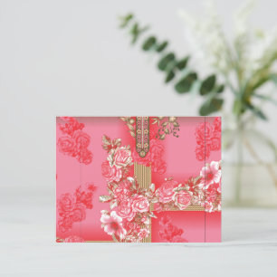a design of a pink and gold background with a red  postcard