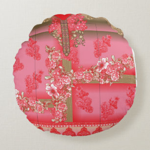 a design of a pink and gold background with a red  round cushion
