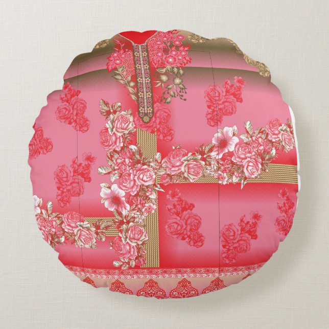 a design of a pink and gold background with a red  round cushion (Front)