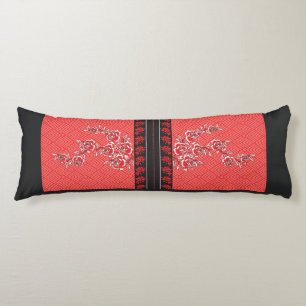 a design of a red and black wallpaper body cushion