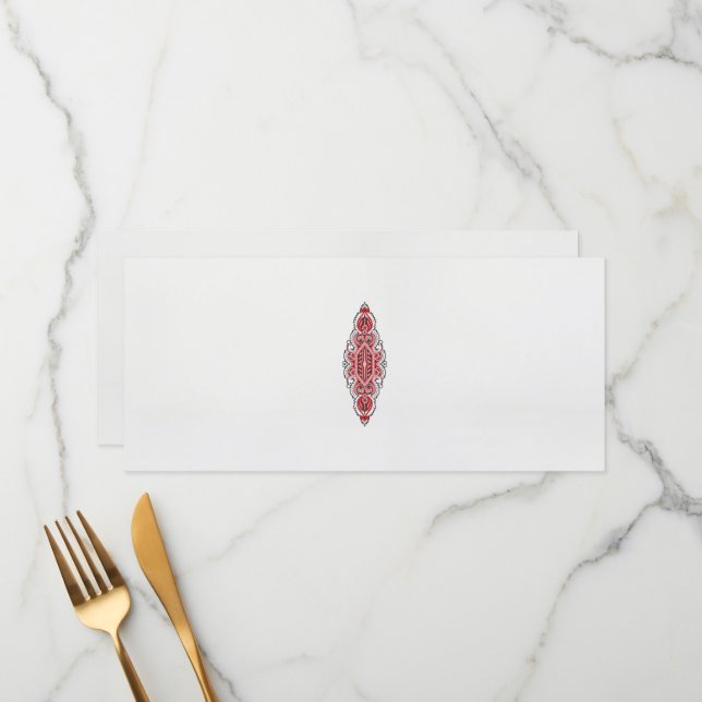 a design of a red and white pattern menu (Front/Back In Situ)