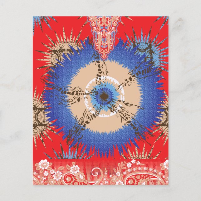 a design of a red background with a blue circle flyer (Front)