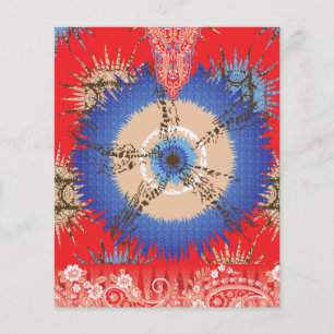 a design of a red background with a blue circle flyer