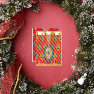 a design of a red background with a blue circle foil holiday postcard