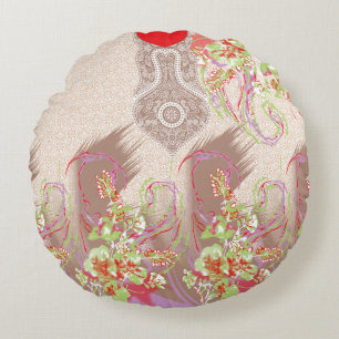a design of a red vase with flowers on it round cushion