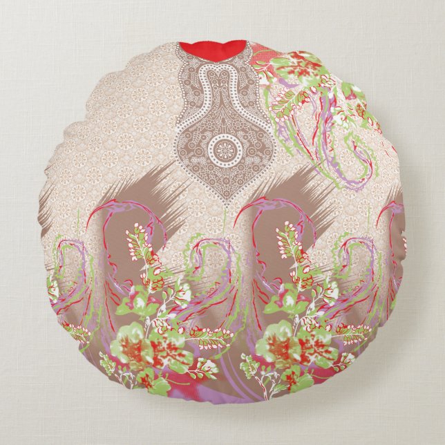 a design of a red vase with flowers on it round cushion (Front)