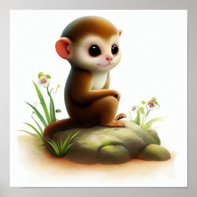 A Digital Painting of a Young Cute Squirrel Monkey Poster (Front)