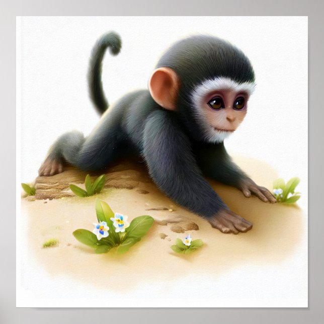 A Digital Painting of a Young Cute Vervet Monkey Poster (Front)