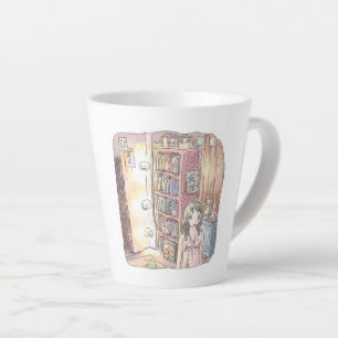 A dim object and a woman's illustration floating b latte mug