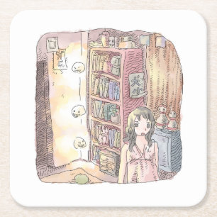 A dim object and a woman's illustration floating b square paper coaster