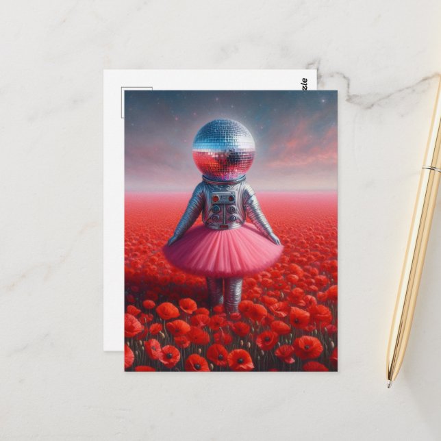 A disco astronaut in a poppy meadow postcard (Front/Back In Situ)