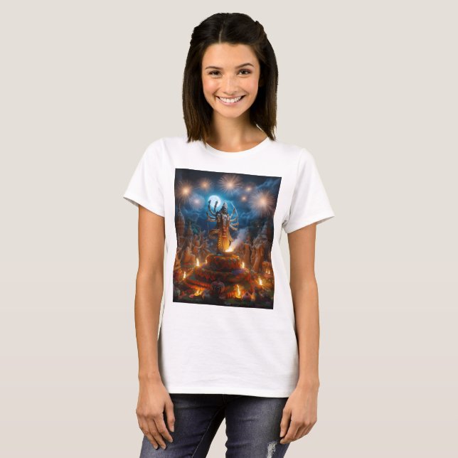 a display of fireworks with a statue of deity T-Shirt (Front Full)