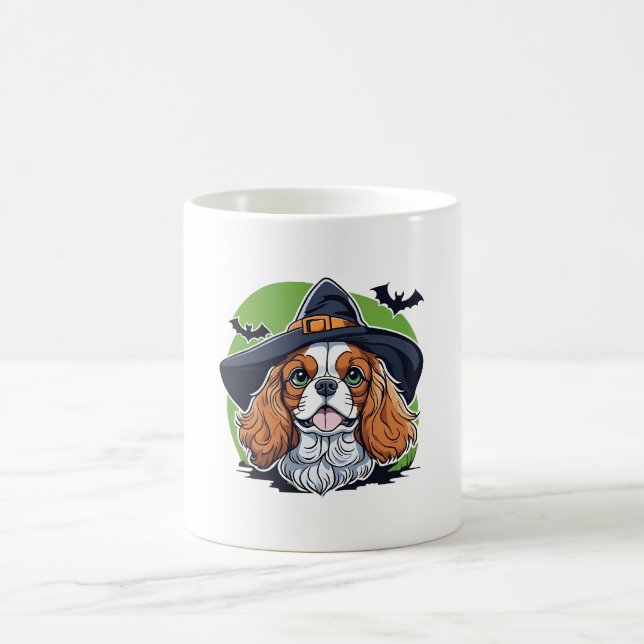 A dog wearing a witches hat with bats coffee mug (Center)