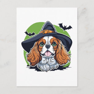 A dog wearing a witches hat with bats enclosure card