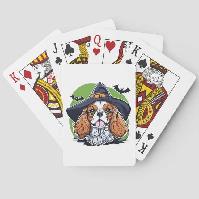 A dog wearing a witches hat with bats playing cards (Back)