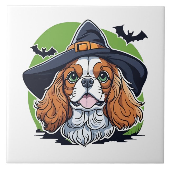 A dog wearing a witches hat with bats tile (Front)