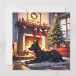 A Dog with a Christmas tree and fireplace Holiday Card