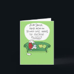 A Dog's Letter to Santa Funny Cartoon Christmas Holiday Card<br><div class="desc">White dog wearing a red holiday sweater sits on a cute green sofa writing a letter to Santa Clause. “Dear Santa, please bring me: squeaky toys, treats, NO CLOTHING PLEASE!!!” The inside says “Merry Christmas.” Inside text can be customised with your own greeting. A funny Christmas card that can be...</div>