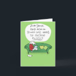 A Dog's Letter to Santa Funny Cartoon Christmas Holiday Card<br><div class="desc">White dog wearing a red holiday sweater sits on a cute green sofa writing a letter to Santa Clause. “Dear Santa, please bring me: squeaky toys, treats, NO CLOTHING PLEASE!!!” The inside says “Merry Christmas.” Inside text can be customised with your own greeting. A funny Christmas card that can be...</div>