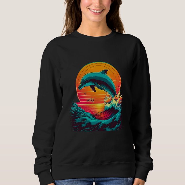 A Dolphin's Sunset Leap Cute Jumping Dolphin Retro Sweatshirt (Front)