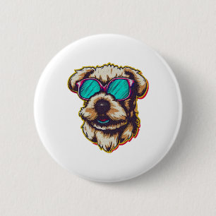 A DORABLE D O G WITH SUN GLASSES 6 CM ROUND BADGE