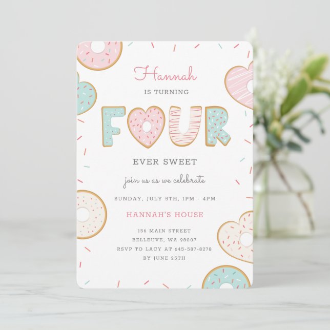 A Doughnut four-ever Birthday party invitation pin (Standing Front)