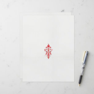 a drawing of a red flower and leaves on a white ba