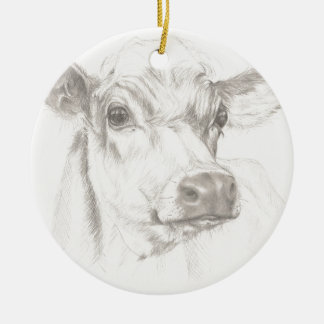 A drawing of a young cow ceramic tree decoration