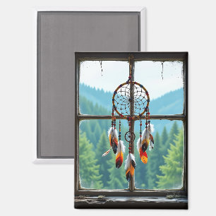 A Dreamcatcher in a Window overlooking Mountains Magnet