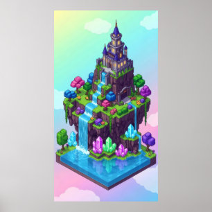 A dreamy island castle with waterfalls  poster