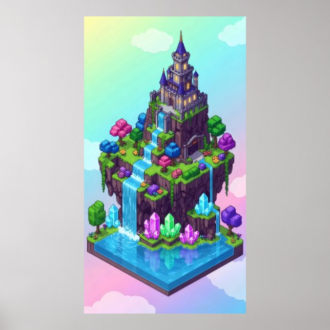 A dreamy island castle with waterfalls  poster (Front)