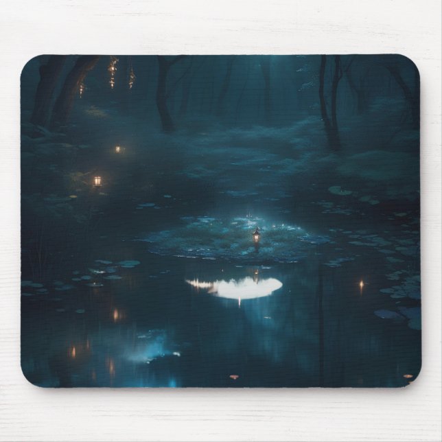 A Dreamy Moonlit Pond In A Dense Forest Mouse Pad (Front)