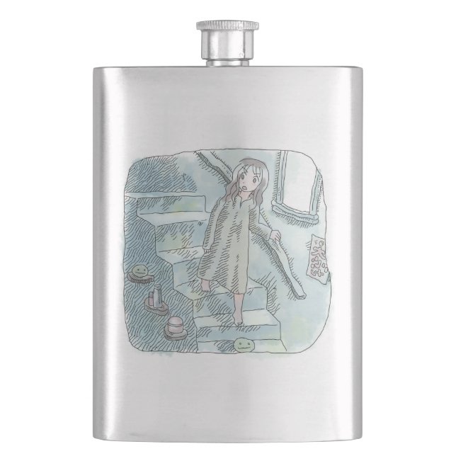 a dress illustration of a woman walking slowly wit hip flask (Front)