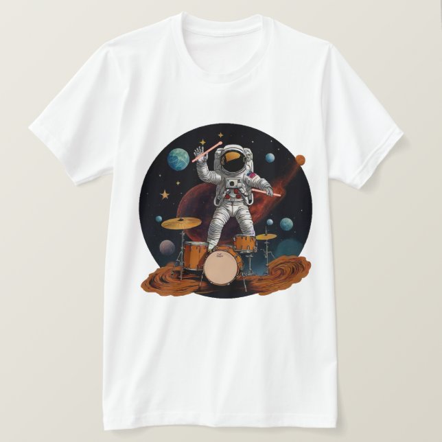A drummer playing his drum-set on Planet Drums T-Shirt (Design Front)