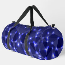 A duffel bag with a blue geometric design