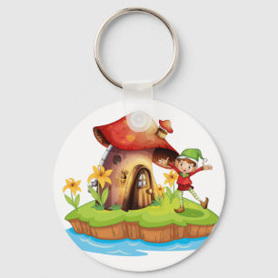 A dwarf outside a mushroom house key ring