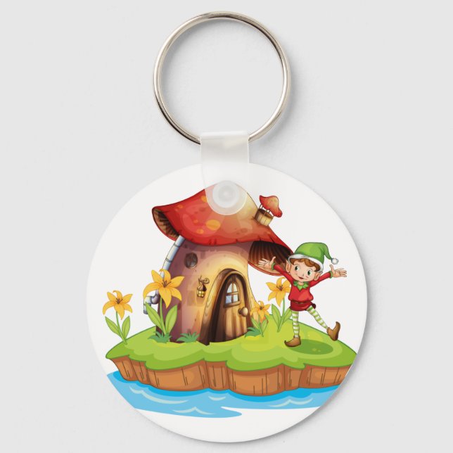 A dwarf outside a mushroom house key ring (Front)