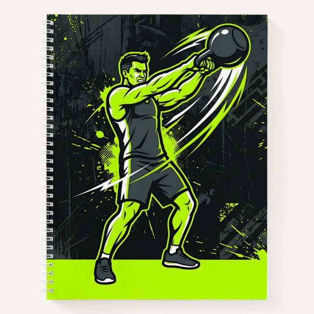 A dynamic neon green lineart illustration of a man notebook (Front)