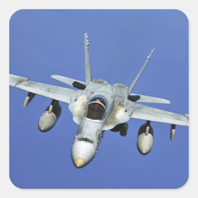 A F/A-18 Hornet participates in a mission Square Sticker (Front)